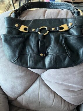 b. makowsky Black Leather Shoulder Bag with Gold Hardware